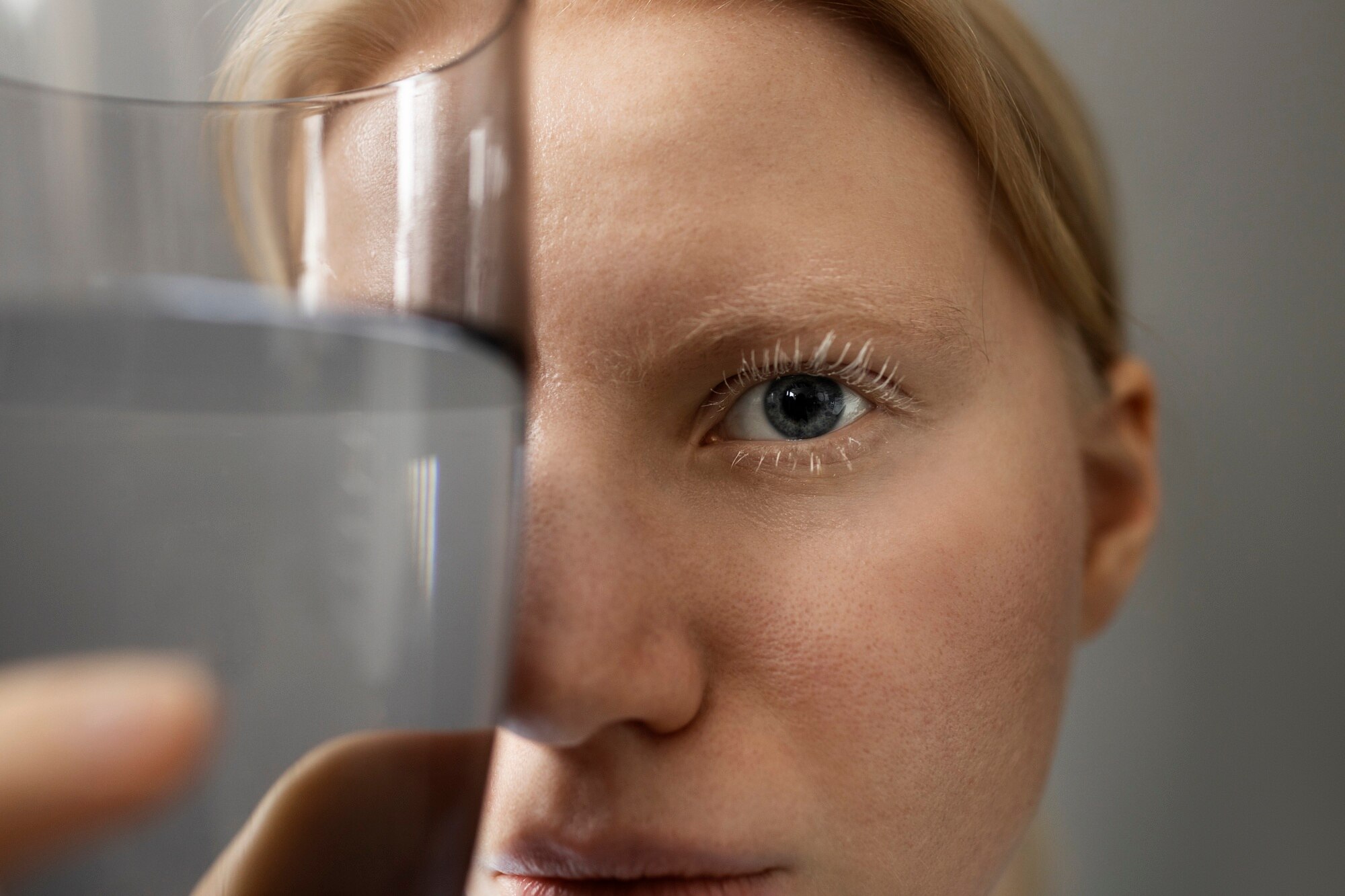 Mujer joven con expresión tranquila y ojos saludables
